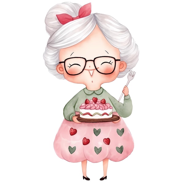 PSD cute grandma cake watercolor clipart illustration