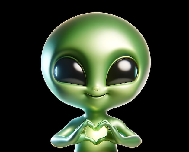 Cute green alien with heart shape made with hands