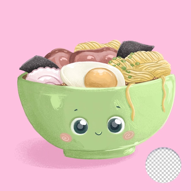 PSD cute green ramen bowl isolated on pink background