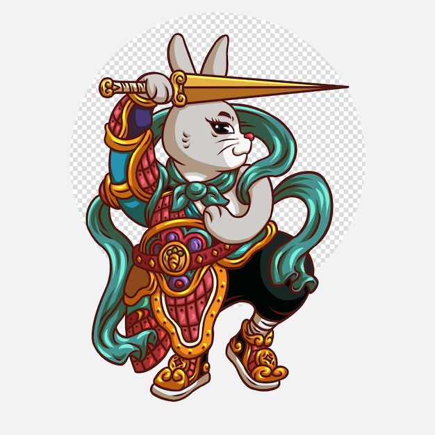 PSD Симпатичный персонаж бога двери серого кролика с мечом на белом фоне