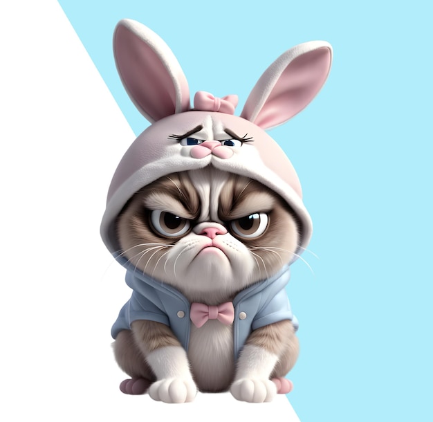 A cute grumpy kitty in a bunny costume