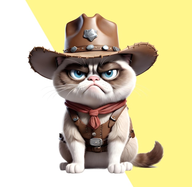 A cute grumpy kitty dressed as a cowboy