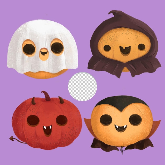 Cute Halloween ghost death devil dracula pumpkin set isolated on lilac background