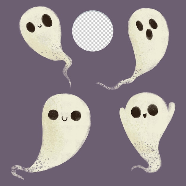 Cute halloween spooky ghost clipart set on violet background