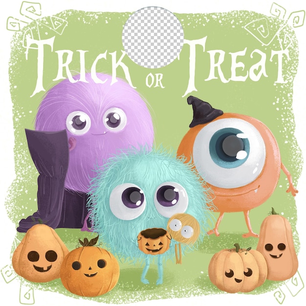 PSD cute halloween trick or treat three masked monsters greeting card