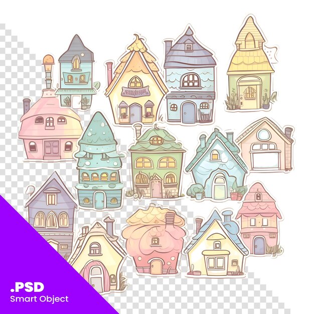 PSD cute hand drawn houses vector doodle illustration set psd template