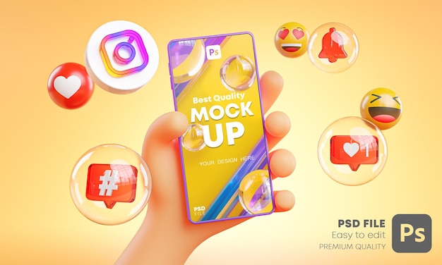 Carino mano che tiene telefono instagram icone intorno al rendering 3d mockup