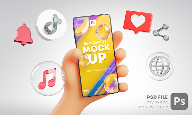 Carino mano che tiene il telefono tiktok icone intorno al rendering 3d mockup