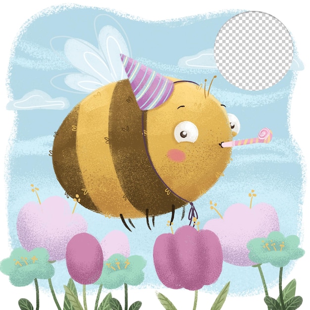 PSD cute happy birthday bee on flower background