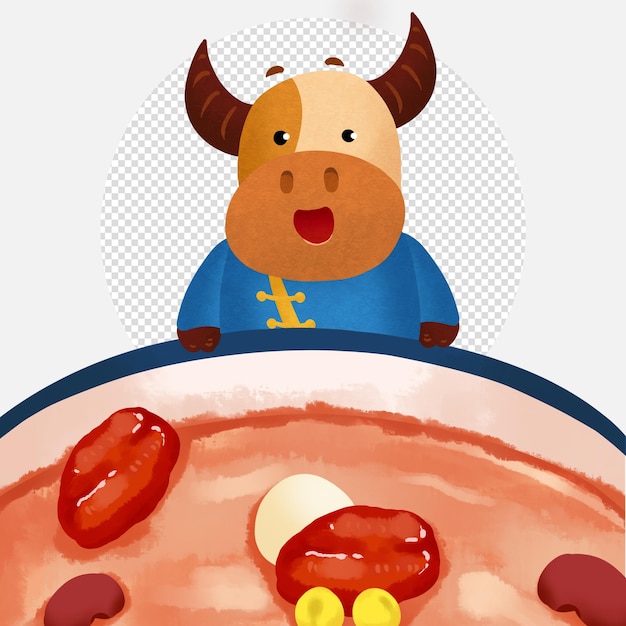 Симпатичный персонаж мультфильма о счастливом быке с супом