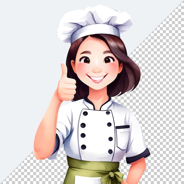 PSD cute and happy chef girl with thumb up gesture isolated transparent illustration