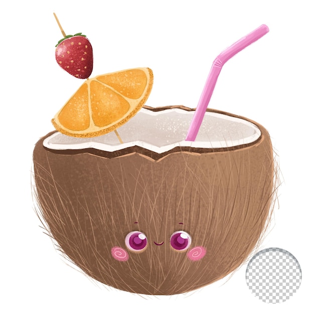 Cute happy kawaii coconut cocktail drink isolated on white background