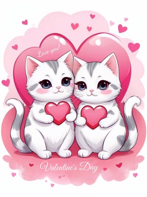 PSD cute happy valentines day greeting card design with two cute kawaii cartoon cats in love with hearts