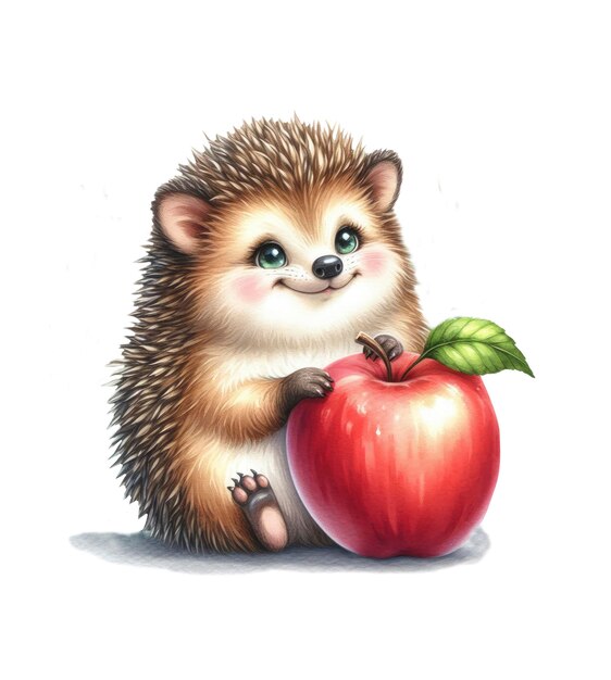 PSD cute hedgehog with an apple watercolor illustration