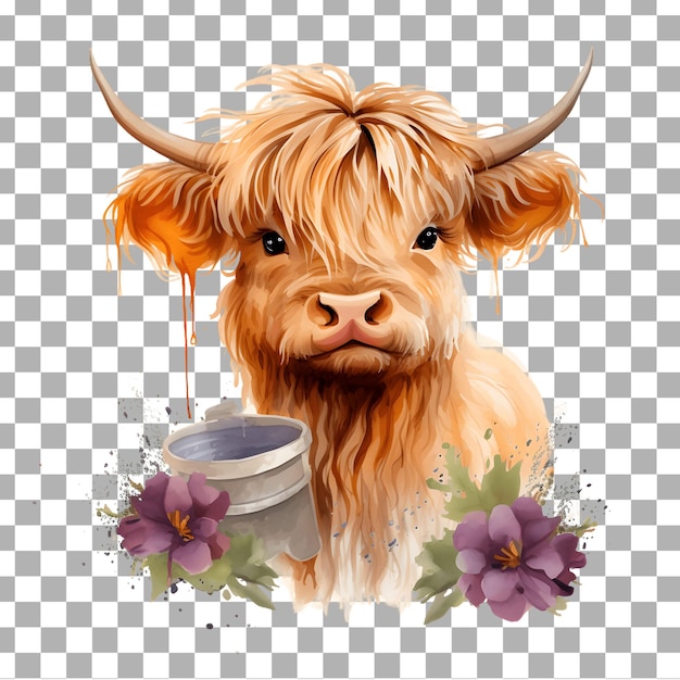 PSD piccola acquarello di mucca di highland clipart isolato