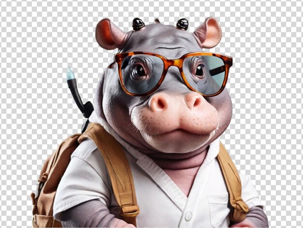 PSD a cute hippo wearing sunglasses and bag on transparent background