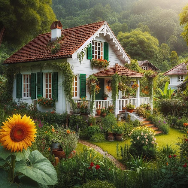 PSD casa carina con illustrazione di fiori