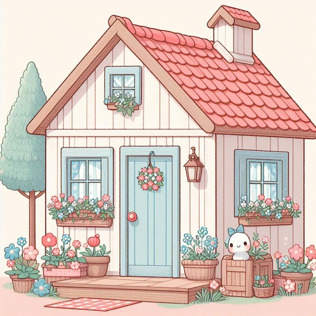 PSD 花のイラストの可愛い家