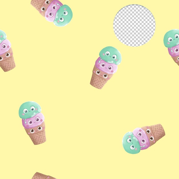 Cute ice cream seamless pattern on yellow background