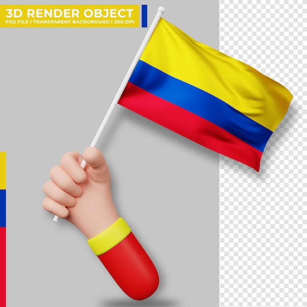 Illustrazione sveglia della bandiera della colombia della tenuta della mano. giorno dell'indipendenza della colombia. bandiera del paese.