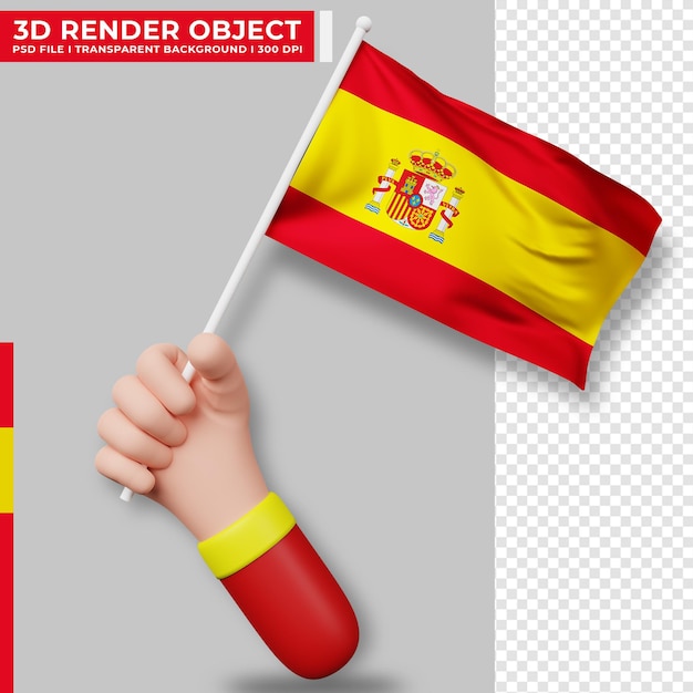 PSD illustrazione sveglia della bandiera della spagna della holding della mano. giorno dell'indipendenza della spagna. bandiera del paese.