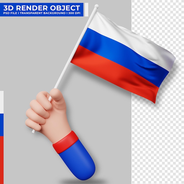 PSD ロシアの旗を持っている手のかわいいイラスト。ロシア独立記念日。国旗。