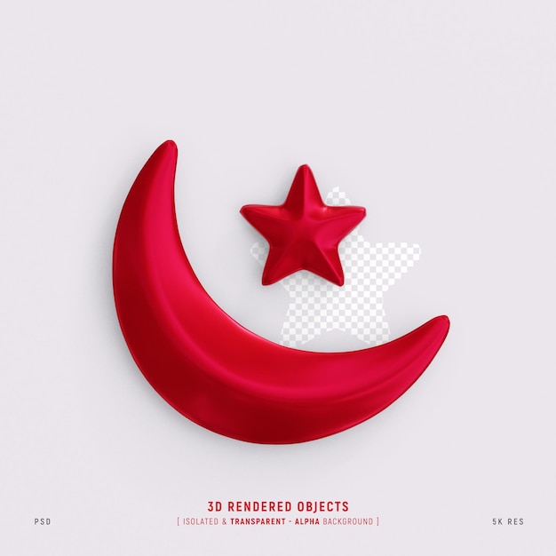 PSD cute islamic red crescent moon and star isolated 3d rendering