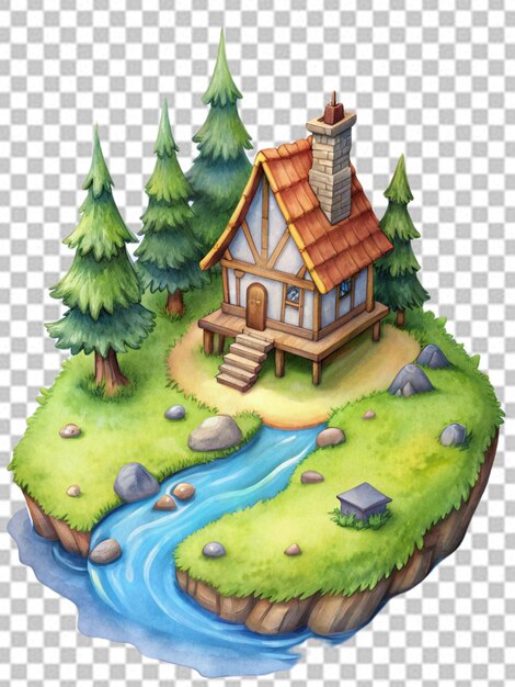 PSD cute isometric island cottage in the wood river isolated on transparent background