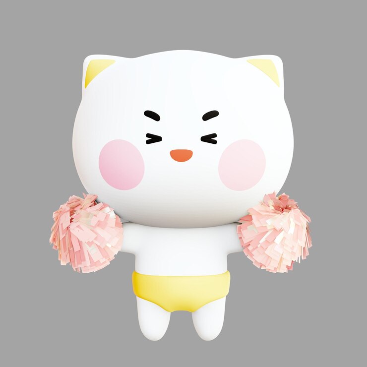 PSD 핑크색 활과 하 셔츠를 입은 귀여운 일본인 인형으로 '안하세요 키티'라고 적혀 있습니다.