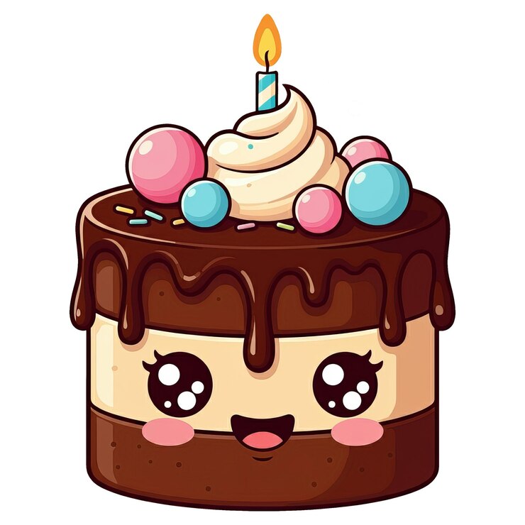 PSD 可愛卡哇伊生日蛋糕插圖 可愛甜點配蠟燭