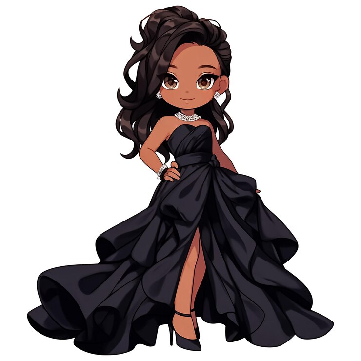 PSD cute kawaii black princess on black elegant dress