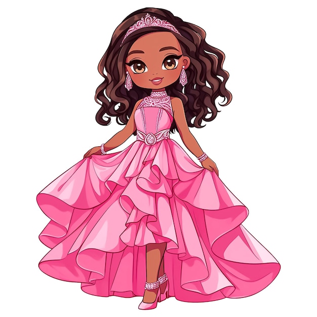 PSD cute kawaii black princess on pink elegant dress