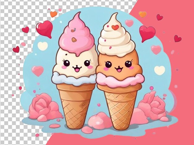 PSD cute kawaii ice cream cones valentines day concept