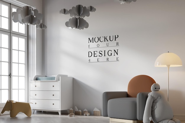 Cute kids bedroom interior with wall mockup