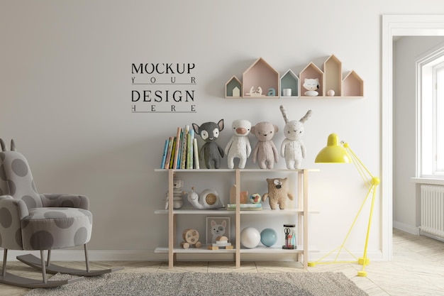 cute kids bedroom with a blank wall for wall mockup 3d illustration