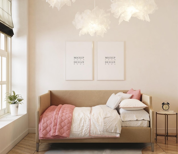 Cute kids bedroom with mockup poster frame