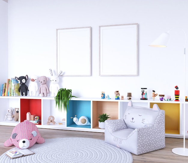 PSD cute kids bedroom with poster mockup