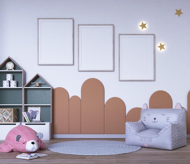 PSD cute kids bedroom with poster mockup