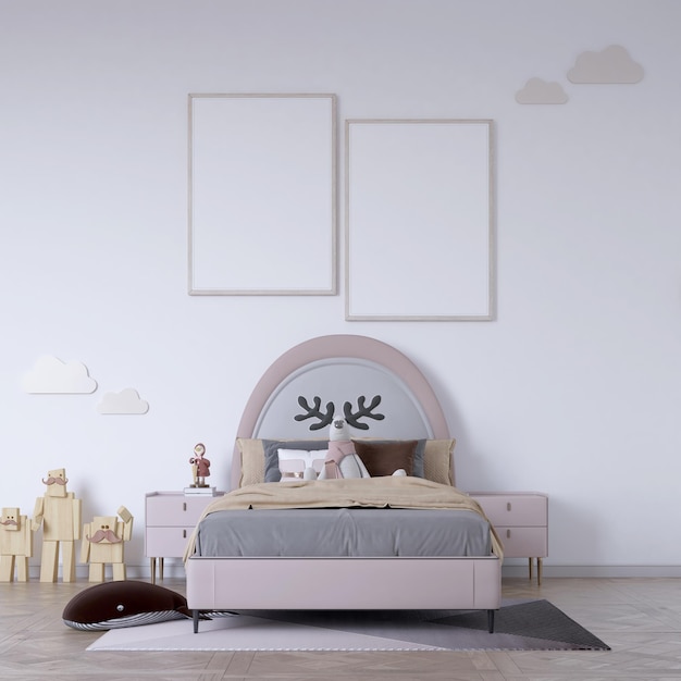 cute kids bedroom with poster mockup