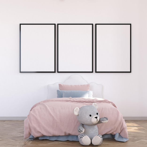 Cute kids bedroom with poster mockup