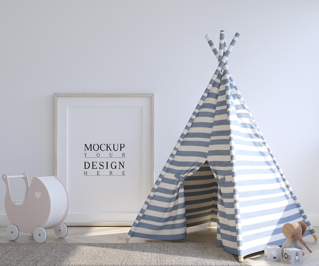PSD cute kids bedroom with poster painting mockup