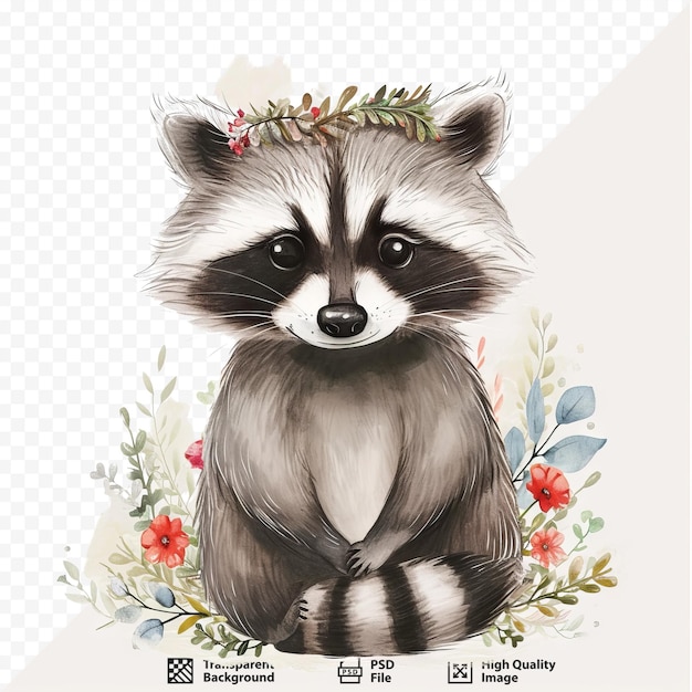 PSD cute kids hand drawn nursery poster with raccoon animal