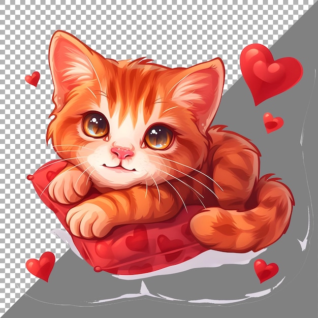PSD Милый котенок с подушкой в форме сердца стикер стиль на прозрачном фоне ai сгенерирован