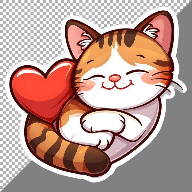 PSD cute kitten with pillow heart shape sticker style on transparent background ai generated