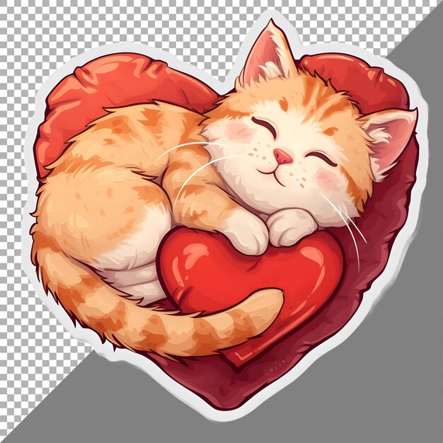 PSD cute kitten with pillow heart shape sticker style on transparent background ai generated