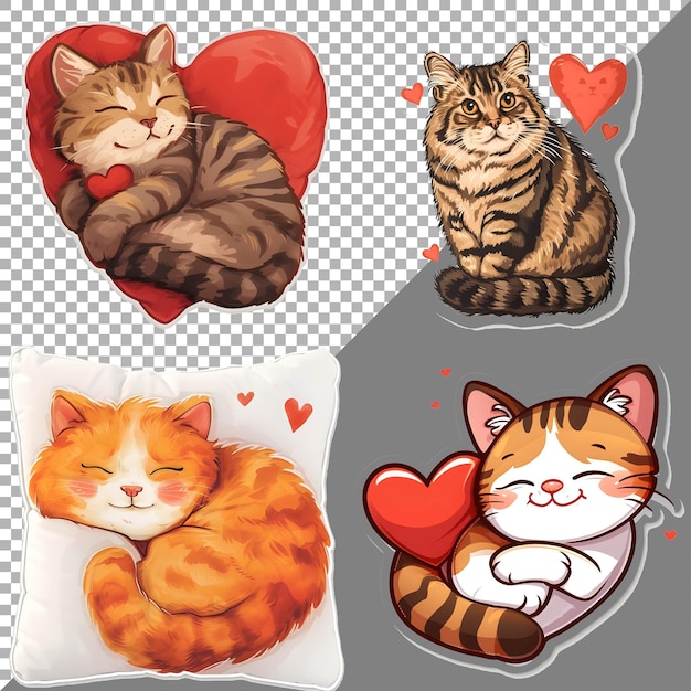 PSD cute kitten with pillow heart shape sticker style on transparent background ai generated