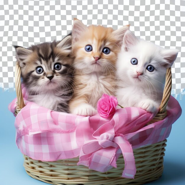 PSD cute kittens emerge from basket transparent background