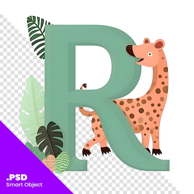 PSD simpatica lettera r con leopardo e foglie tropicali modello psd di illustrazione vettoriale