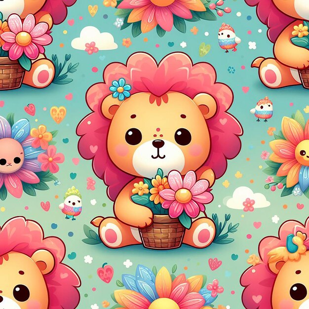 PSD cute lion colorful background seamless pattern