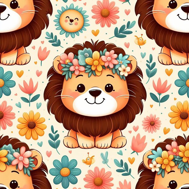 PSD cute lion colorful background seamless pattern